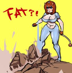 Rule 34 | 1girl, angry, blue eyes, blush, breasts, brown hair, cleavage, crop top, fingerless gloves, gloves, ground shatter, horns, large breasts, midriff, miltank, pants, personification, pokemon, scathegrapes, short hair, solo, tail, toeless legwear, toes, weight conscious