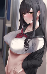Rule 34 | 1girl, black hair, black jacket, black sailor collar, blurry, blurry background, blush, bottomless, breasts, brown eyes, collarbone, commentary request, crop top, from side, highres, jack dempa, jacket, jacket partially removed, large breasts, long hair, long sleeves, looking at viewer, navel, open clothes, open jacket, original, parted lips, sailor collar, school uniform, serafuku, shirt, sidelocks, solo, stomach, upper body, white serafuku, white shirt