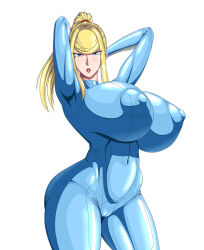 Rule 34 | 1girl, armpits, arms up, blonde hair, blue eyes, bodysuit, breasts, huge breasts, impossible clothes, long hair, looking at viewer, metroid, ml, nintendo, nipples, ponytail, samus aran, simple background, solo, tagme, white background