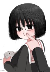 Rule 34 | 1girl, 1other, :t, black hair, black shirt, blouse, book, cheek poking, glasses, highres, holding, holding book, looking back, open mouth, original, poking, reading, school uniform, shirt, simple background, solo focus, white background, zurikishi