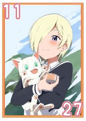 Rule 34 | 1girl, 1other, animal, blonde hair, blush, can, canned tuna, cat, closed mouth, commentary request, dated, earclip, excited, green eyes, hair over one eye, hanpen (nijigasaki), happy, holding, holding animal, holding can, holding cat, looking at food, looking down, love live!, love live! nijigasaki high school idol club, mia taylor, motion lines, november, open mouth, pet food, purple eyes, short hair, smile, sparkling eyes, translated, two-tone shirt, whiskers, white fur, zasshoku ojisan