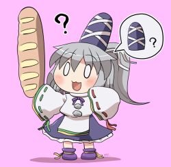 Rule 34 | 1girl, blue hat, blue skirt, blush, bread, food, full body, grey hair, hair between eyes, hat, highres, japanese clothes, kariginu, long hair, mononobe no futo, open mouth, pink background, pom pom (clothes), ponytail, purple footwear, ribbon-trimmed sleeves, ribbon trim, rokugou daisuke, shoes, signature, simple background, skirt, sleeves past fingers, sleeves past wrists, solo, tate eboshi, touhou, wide sleeves