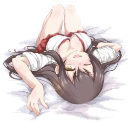 Rule 34 | 10s, 1girl, ;d, akagi (kancolle), blush, breasts, brown eyes, brown hair, downblouse, jewelry, kantai collection, knees up, long hair, lying, on back, one eye closed, open mouth, ring, smile, solo, tears, upside-down, wedding band, yumesato makura