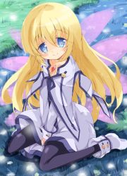 Rule 34 | 00s, 1girl, black pantyhose, blonde hair, blue eyes, choker, coat, colette brunel, full body, grass, long hair, milkpanda, pantyhose, sitting, smile, solo, tales of (series), tales of symphonia, v arms, wariza, wings