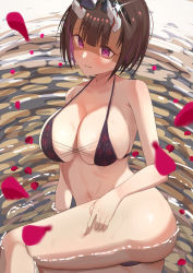 Rule 34 | + +, 1girl, ass, back hair, bikini, black bikini, blush, bob cut, breasts, broken horn, brown hair, cleavage, collarbone, demon girl, demon horns, eriko (princess connect!), eyewear on head, falling petals, hand on own thigh, highres, horns, kinjin, large breasts, light smile, navel, partially submerged, petals, princess connect!, purple eyes, shaded face, short hair, solo, sunglasses, swimsuit, symbol-shaped pupils, water