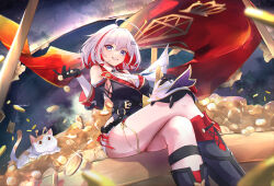 Rule 34 | 1girl, bare shoulders, black gloves, blue eyes, breasts, cat, cleavage, coin, colored inner hair, crossed legs, detached sleeves, elphe, gloves, grey hair, hair between eyes, hair ornament, highres, holding, holding coin, honkai: star rail, honkai (series), large breasts, looking at viewer, multicolored hair, numby (honkai: star rail), red hair, short hair, smile, solo, streaked hair, thigh strap, thighs, topaz (honkai: star rail), trotter (honkai: star rail)