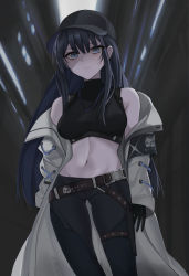 Rule 34 | 1girl, armband, bare shoulders, baseball cap, belt, black gloves, black hair, blue archive, blue eyes, commentary, crop top, gloves, hat, highres, holster, jacket, long hair, looking at viewer, loose belt, midriff, navel, saori (blue archive), solo, takida 185, thigh holster, white jacket
