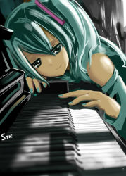 Rule 34 | 1girl, aqua hair, aqua nails, blurry, depth of field, detached sleeves, foreshortening, hatsune miku, highres, instrument, nail polish, piano, smile, solo, stk, upright piano, vocaloid