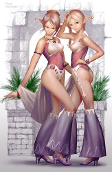 Rule 34 | 2girls, arch, armlet, ass, bracelet, braid, breasts, brown hair, detached pants, earrings, elf, full body, halterneck, hand on head, hand on own hip, high heels, highleg, highleg leotard, hip focus, jewelry, leotard, long hair, looking at viewer, matching outfits, medium breasts, mole, mole under eye, multiple girls, noba, pixiv fantasia, pixiv fantasia 4, plant, pointy ears, revealing clothes, shawl, shoes, smile, thighs, thong leotard