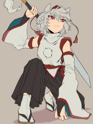 Rule 34 | 1girl, animal ears, arm support, bridal gauntlets, closed mouth, commentary request, detached sleeves, full body, grey hair, hand up, hat, highres, holding, holding sword, holding weapon, inubashiri momiji, japanese clothes, looking to the side, looking up, on one knee, over shoulder, pants, pom pom (clothes), red eyes, retora, sandals, serious, shirt, short hair, sleeveless, sleeveless shirt, solo, sword, tabi, tokin hat, touhou, weapon, weapon over shoulder, wide sleeves, wolf ears, zouri