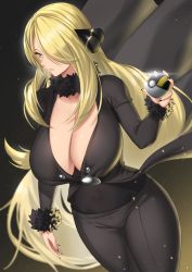 Rule 34 | 1girl, absurdres, anima (togashi), black nails, black pants, black shirt, blonde hair, breasts, cleavage, closed mouth, creatures (company), curvy, cynthia (pokemon), eyelashes, floating hair, fur-trimmed sleeves, fur collar, fur trim, game freak, grey eyes, hair ornament, hair over one eye, hand up, highres, holding, holding poke ball, large breasts, lips, long hair, long sleeves, looking to the side, mixed-language commentary, nail polish, nintendo, pants, poke ball, pokemon, pokemon dppt, shirt, solo, thighs, ultra ball, very long hair