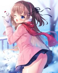 Rule 34 | 1girl, ;d, ass, blue eyes, blush, bow, brown hair, coat, commentary request, earmuffs, gloves, hair bow, hair ornament, hands up, holding, long hair, looking at viewer, miniskirt, nanohana kohina, no panties, one eye closed, open mouth, original, outdoors, pink coat, scarf, skirt, smile, snow, snowman, winter clothes