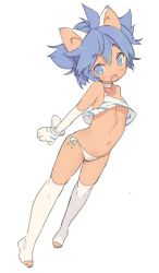 Rule 34 | 1girl, animal ears, animal hands, antenna hair, armpits, asymmetrical clothes, bare shoulders, blade (galaxist), blue eyes, blue hair, breasts, cat ears, cat girl, collarbone, copyright request, elbow gloves, fang, female focus, full body, gloves, looking at viewer, matching hair/eyes, messy hair, midriff, navel, original, panties, paw gloves, ribbon, side-tie panties, simple background, single strap, small breasts, solo, standing, stomach, tareme, thighhighs, toeless legwear, toes, underboob, underwear, white background, white gloves, white panties, white ribbon