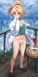 Rule 34 | 1girl, absurdres, barefoot, blonde hair, blue sky, blush, breasts, camisole, city, cloud, coffee, commentary request, crocs, cup, day, fate/apocrypha, fate (series), food, green camisole, green eyes, highres, holding, holding cup, legs, long sleeves, looking at viewer, mordred (fate), mug, navel, off shoulder, panties, plant, ponytail, potted plant, railing, shirt, short hair, single bare shoulder, sky, small breasts, solo, standing, stomach, thighs, tonee, underwear, white panties, white shirt
