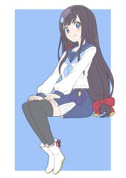 Rule 34 | 1girl, absurdres, ankle boots, bad id, bad twitter id, black thighhighs, blue background, blue eyes, blue neckerchief, blue sailor collar, blue skirt, boots, border, brown hair, closed mouth, copyright request, donguri suzume, fingernails, from side, hair ornament, hairclip, hands on lap, highres, long hair, long sleeves, looking at viewer, looking to the side, low-tied long hair, miniskirt, nail polish, neckerchief, orange nails, sailor collar, school uniform, serafuku, shirt, simple background, skirt, smile, solo, thighhighs, white border, white footwear, white shirt
