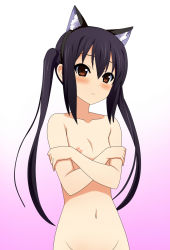 Rule 34 | 1girl, animal ears, black hair, blush, breasts, brown eyes, cat ears, completely nude, covering privates, covering breasts, flat chest, gradient background, groin, highres, k-on!, kenken, long hair, nakano azusa, nipples, nude, nude cover, out-of-frame censoring, solo, twintails
