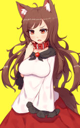 Rule 34 | 1girl, ahoge, animal ear fluff, animal ears, blouse, breasts, brooch, brown hair, collar, dress, fang, highres, imaizumi kagerou, jewelry, long hair, long sleeves, medium breasts, open mouth, red eyes, red skirt, shirt, shone, simple background, skirt, solo, tail, touhou, white shirt, wide sleeves, wolf ears, wolf tail, yellow background