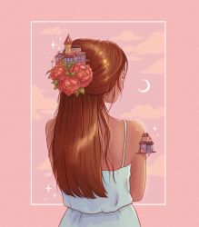 Rule 34 | 1girl, brown hair, building, crescent moon, dress, evergreenqveen, facing away, flower, hair flower, hair ornament, highres, long hair, moon, original, pink background, power lines, simple background, solo, standing, white dress