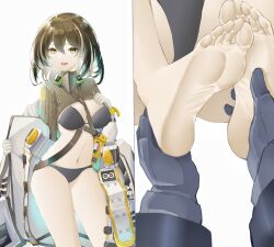 Rule 34 | 1girl, absurdres, arknights, barefoot, bikini, brown hair, doctor (arknights), feet, highres, long hair, looking at viewer, magallan (arknights), open mouth, soles, swimsuit, toes, yellow eyes