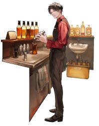 Rule 34 | 1boy, alcohol, bartender, black footwear, black hair, black pants, black vest, bottle, box, cloth, cocktail shaker, collared shirt, commentary, counter, drinking straw, earrings, from side, full body, grey eyes, highres, holding, holding shaker, jewelry, looking at viewer, looking to the side, male focus, notepad, original, otani (gloria), oxfords, pants, parted bangs, parted lips, red shirt, shirt, shoes, short hair, simple background, sink, solo, standing, stud earrings, symbol-only commentary, v-shaped eyebrows, vest, whiskey, white background