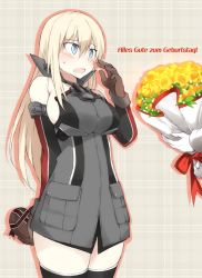 Rule 34 | 10s, 1girl, admiral (kancolle), arm behind back, bare shoulders, bismarck (kancolle), black thighhighs, blonde hair, blue eyes, blush, bouquet, breasts, brown gloves, buttons, detached sleeves, flower, german text, gloves, grey hat, hair between eyes, halterneck, hat, heart, holding, kantai collection, large breasts, long hair, long sleeves, looking at another, looking to the side, military, military uniform, no bra, open mouth, peaked cap, pink background, plaid, plaid background, pocket, shigino sohuzi, sideboob, silhouette, skindentation, standing, straight hair, sweatdrop, taut clothes, thighhighs, tongue, translated, uniform, valentine, white gloves