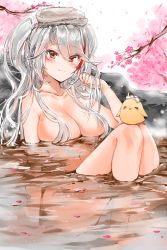 Rule 34 | 1girl, absurdres, azur lane, bath, bathing, bird, blush, branch, breasts, brown eyes, cherry blossoms, chick, closed mouth, collarbone, highres, knees up, large breasts, long hair, looking at viewer, manjuu (azur lane), mole, mole on breast, multicolored hair, nude, onsen, petals, prinz eugen (azur lane), rock, silver hair, sitting, smile, steam, streaked hair, swept bangs, towel, towel on head, two side up, water, wet, white towel, yukineko1018