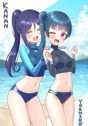 Rule 34 | 10s, 2girls, :d, black shirt, blue hair, blue shirt, blue sky, blush, breasts, character name, cloud, crop top, day, deadnooodles, fang, fingernails, hands on another&#039;s shoulders, highres, long hair, love live!, love live! sunshine!!, matsuura kanan, medium breasts, multiple girls, navel, one eye closed, open mouth, ponytail, purple eyes, round teeth, shirt, sky, small breasts, smile, standing, sweat, teeth, tsushima yoshiko, upper teeth only, very long hair, water, wavy mouth
