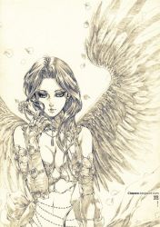Rule 34 | 00s, 1girl, angel wings, breasts, claparo, cleavage, elbow gloves, face, gloves, graphite (medium), lips, long hair, monochrome, navel, petals, rose petals, shahrazad al-rahman, solo, traditional media, trinity blood, wings