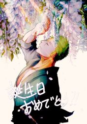 Rule 34 | 1boy, birthday, facing up, from side, green hair, hand over face, hand up, japanese clothes, kimono, male focus, nan50ku, one piece, pectoral cleavage, pectorals, plant, profile, roronoa zoro, scar, scar across eye, short hair, solo, sunlight, translation request, upper body
