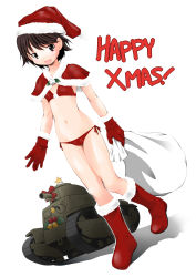 Rule 34 | 1girl, absurdres, akiba nagito, alternate costume, bell, bikini, boots, bow, breasts, brown eyes, brown hair, capelet, christmas, commentary request, dutch angle, full body, fur-trimmed boots, fur-trimmed capelet, fur-trimmed gloves, fur trim, girls und panzer, gloves, hat, highres, holding, holding sack, holly, isobe noriko, looking at viewer, merry christmas, military, military vehicle, motor vehicle, navel, open mouth, red bikini, red bow, red capelet, red footwear, red gloves, red hat, sack, santa bikini, santa costume, santa hat, shadow, short hair, side-tie bikini bottom, small breasts, smile, solo, standing, star (symbol), swimsuit, tank, type 89 i-gou, walking, waving, white background