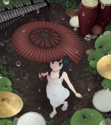 Rule 34 | 1girl, bare arms, bare shoulders, black hair, blue eyes, breasts, closed mouth, commentary request, conga drums, cymbals, dress, drum, from above, grass, holding, holding umbrella, instrument, lily pad, long hair, looking at viewer, looking up, mushroom, original, outdoors, parasol, rain, sleeveless, sleeveless dress, slippers, small breasts, smile, solo, umbrella, water, white dress, white footwear, xylophone, yajirushi (chanoma)