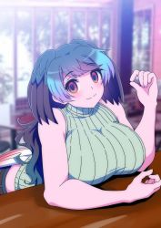Rule 34 | 1girl, alternate breast size, alternate costume, arm rest, bare arms, bare shoulders, bird tail, bird wings, black hair, blue hair, blurry, blurry background, breast rest, breasts, casual, closed mouth, contemporary, day, elbow rest, empty eyes, green hair, hand up, head tilt, head wings, highres, huge breasts, indoors, kemono friends, leaning forward, light blush, long hair, looking at viewer, mamiyama, multicolored hair, passenger pigeon (kemono friends), purple hair, red eyes, ribbed sweater, sleeveless, sleeveless sweater, sleeveless turtleneck, smile, solo, sweater, swept bangs, tail, turtleneck, turtleneck sweater, wings