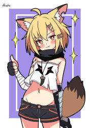 1girl absurdres ahoge animal_ear_piercing animal_ears arknights artist_name black_gloves black_scarf black_shorts blonde_hair blush border bright_pupils commentary_request cowboy_shot crop_top dot_nose fang fingerless_gloves fox_ears fox_girl gloves hendra highres hip_bones inset_border jewelry looking_at_viewer material_growth necklace orange_eyes oripathy_lesion_(arknights) purple_background scarf shirt shorts simple_background solo sparkle stomach thumbs_up vermeil_(arknights) white_background white_pupils white_shirt