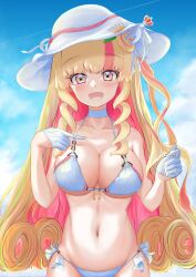Rule 34 | 1girl, absurdres, aglio olio e peperoncino, bikini, blue sky, breasts, choker, cloud, colored inner hair, commentary request, gloves, gradient eyes, half gloves, hat, highres, jack qiu, large breasts, long hair, looking at viewer, multicolored eyes, multicolored hair, rainbow eyes, red hair, side-tie bikini bottom, sky, smile, solo, sony music virtual, streaked hair, sun hat, swimsuit, virtual youtuber, white bikini, white choker, white gloves, white hat, yellow eyes