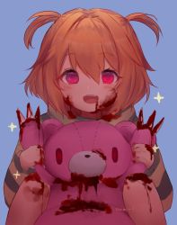 Rule 34 | 1girl, :d, blood, blood on clothes, blood on face, blue background, holding, long sleeves, looking at viewer, open mouth, orange hair, original, pink eyes, short hair, signature, smile, solo, sparkle, stuffed animal, stuffed toy, teddy bear, temachii, two side up