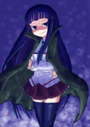 Rule 34 | 1girl, black thighhighs, blue background, blue eyes, blue hair, blunt bangs, breasts, cape, cowboy shot, daizan (mount position), evil grin, evil smile, grin, high collar, light particles, long hair, long sleeves, looking at viewer, matching hair/eyes, miniskirt, necktie, pleated skirt, purple skirt, school uniform, shaded face, shirt, sidelocks, skirt, small breasts, smile, solo, standing, tamai io, thighhighs, very long hair, watashi-tachi no tamura-kun, watashitachi no tamura-kun, wing collar, zettai ryouiki
