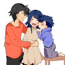 Rule 34 | 1girl, 2boys, aged up, alternate costume, alternate hairstyle, baby, bad id, bad pixiv id, black hair, blue hair, blush, closed eyes, creatures (company), dress, earrings, ethan (pokemon), game freak, hug, if they mated, jewelry, kiss, kris (pokemon), multiple boys, nintendo, pokemon, pokemon adventures, pokke-pokke-pinoko, simple background, smile, star (symbol), star earrings