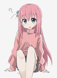 Rule 34 | 1girl, ?, blue eyes, blush, bocchi the rock!, convenient leg, cube hair ornament, feet out of frame, gotoh hitori, hair between eyes, hair ornament, hands on ground, highres, jacket, knees up, long hair, nervous, nervous sweating, pink hair, pink jacket, pink track suit, side ahoge, sitting, solo, sweat, sweatdrop, tonkotsu frappuccino, track jacket, very long hair