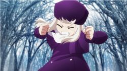 Rule 34 | 1girl, animated, animated gif, child, clenched teeth, coat, fate/zero, fate (series), fur hat, hat, illyasviel von einzbern, long hair, papakha, purple hat, red eyes, solo, tantrum, teeth, white hair, winter clothes