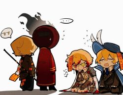 Rule 34 | 1other, 3boys, aislan, angry, blonde hair, blood, blood on face, blue necktie, chibi, closed eyes, dante (limbus company), formal, full body, gloves, hat, hat feather, kneeling, limbus company, multiple boys, musketeer, neckerchief, necktie, open mouth, project moon, sigil, simple background, sinclair (project moon), speech bubble, suit, sweat, white background, yellow eyes