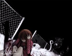 Rule 34 | 2girls, anhypnosis, black background, blood, brown hair, checkered clothes, checkered shirt, cube, dark, door, fence, frown, frustrated, hands on own head, highres, kasei-san, kitchen knife, knees to chest, knife, madotsuki, monoko, multiple girls, open door, pink shirt, plant, red theme, shirt, skirt, smiley face, tokuto-kun, toriningen, yume nikki