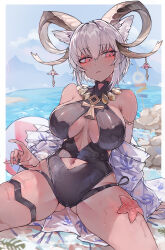 Rule 34 | 1girl, absurdres, animal ears, arknights, arm support, bare shoulders, blue sky, blush, border, breasts, carnelian (arknights), carnelian (shimmering dew) (arknights), cleavage, closed mouth, clothing cutout, commentary request, dark-skinned female, dark skin, eyelashes, gluteal fold, grey hair, hair between eyes, highres, horns, large breasts, navel, navel cutout, off shoulder, oreshki, red eyes, shiny clothes, short hair, shy, sitting, skindentation, sky, solo, spread legs, starfish, swimsuit, thigh strap, thighs, wet, white border