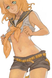 Rule 34 | 1girl, 3838383, bare shoulders, belt, blonde hair, blue eyes, clothes lift, collarbone, cowboy shot, flat chest, kagamine rin, looking at viewer, midriff, navel, sailor collar, shirt lift, short hair, short shorts, shorts, simple background, sleeveless, solo, vocaloid, white background