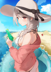 Rule 34 | 1girl, ass, auui, beach, bikini, black hair, blue sky, braid, breasts, butt crack, cleavage, closed mouth, cloud, day, ear piercing, from side, grey hair, hair ornament, halterneck, hat, hat ribbon, highres, holding, holding water gun, hololive, innertube, jacket, looking at viewer, looking to the side, medium breasts, multicolored hair, open clothes, open jacket, outdoors, piercing, pink jacket, red eyes, ribbon, sakamata chloe, sky, solo, streaked hair, string bikini, sun hat, swim ring, swimsuit, virtual youtuber, water, water gun, white bikini, x hair ornament