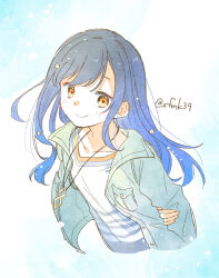 Rule 34 | 1girl, arm behind back, artist name, black hair, blue hair, blue jacket, blush, closed mouth, collarbone, cropped torso, gradient hair, highres, jacket, jewelry, long sleeves, looking at viewer, multicolored hair, open clothes, open jacket, orange eyes, painting (medium), pendant, project sekai, raised eyebrows, sa-fu (sfmk39), shiraishi an, shirt, sidelocks, signature, smile, solo, striped clothes, striped shirt, swept bangs, traditional media, watercolor (medium), white background, white shirt