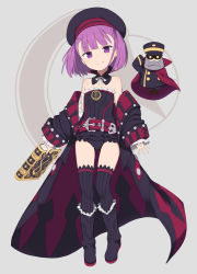 Rule 34 | 1girl, automaton (object), bare shoulders, belt, black hat, book, colonel olcott (fate), commentary request, detached collar, doll, dress, fate/grand order, fate (series), flat chest, gamuo, grimoire, hat, helena blavatsky (fate), helena blavatsky (third ascension) (fate), looking at viewer, purple eyes, purple hair, sefirot, short hair, solo, strapless, strapless dress