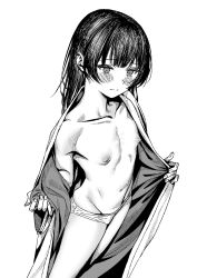 Rule 34 | 1girl, armpits, black hair, blush, collarbone, cowboy shot, dutch angle, embarrassed, flat chest, greyscale, groin, highres, holding, holding clothes, idolmaster, idolmaster shiny colors, japanese clothes, kimono, long hair, looking away, midriff, monochrome, morino rinze, n ever2 give up, naga-agan, naked kimono, navel, nipples, no bra, open clothes, open kimono, panties, simple background, solo, underwear, white background, white panties