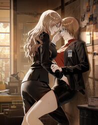 Rule 34 | 2girls, absurdres, adjusting another&#039;s eyewear, against wall, akai shuuichi, black jacket, black pants, black skirt, blonde hair, breasts, commentary, earrings, eye contact, face-to-face, fbi, formal, from side, grabbing another&#039;s arm, gun, handgun, highres, holding, holding gun, holding weapon, indoors, jacket, jewelry, jodie starling, knee up, kuga huna, lamp, lapels, large breasts, leg between thighs, lipstick, long hair, long sleeves, looking at another, makeup, medium breasts, meitantei conan, multiple girls, nervous, nervous sweating, open clothes, open jacket, pant suit, pants, parted lips, pencil skirt, photo (object), red lips, red sweater, short hair, skirt, smile, sticky note, suit, suit jacket, sunlight, sweat, sweatdrop, sweater, thighs, vermouth (meitantei conan), weapon, window shadow, yuri