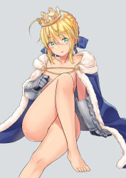 Rule 34 | 1girl, absurdres, agnamore, ahoge, artoria pendragon (all), artoria pendragon (fate), bad id, bad pixiv id, barefoot, blonde hair, blue bow, blue cloak, blush, bow, braid, breasts, cloak, collarbone, commentary request, convenient leg, crown, fate/stay night, fate (series), fur-trimmed cloak, fur trim, gauntlets, green eyes, grey background, hair between eyes, hair bow, highres, looking at viewer, naked cloak, parted lips, saber (fate), sidelocks, simple background, sitting, small breasts, solo, toenails
