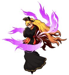 Rule 34 | 1girl, black dress, blonde hair, chinese clothes, dress, full body, gradient hair, hat, junko (touhou), legacy of lunatic kingdom, long hair, looking at viewer, lowres, multicolored hair, multiple tails, namako daibakuhatsu, orange hair, pixel art, red eyes, smile, solo, tabard, tail, touhou, transparent background, very long hair, wide sleeves